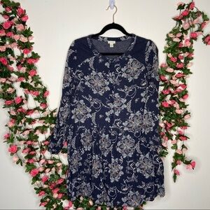 Hinge Navy Blue Gold Blue Rustic Tunic Blouse Womens Boho Eccentric Medium